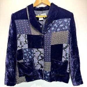 Vintage Y2K 90s Blue Velvet Patchwork Button Front Jacket Boho Cottagecore